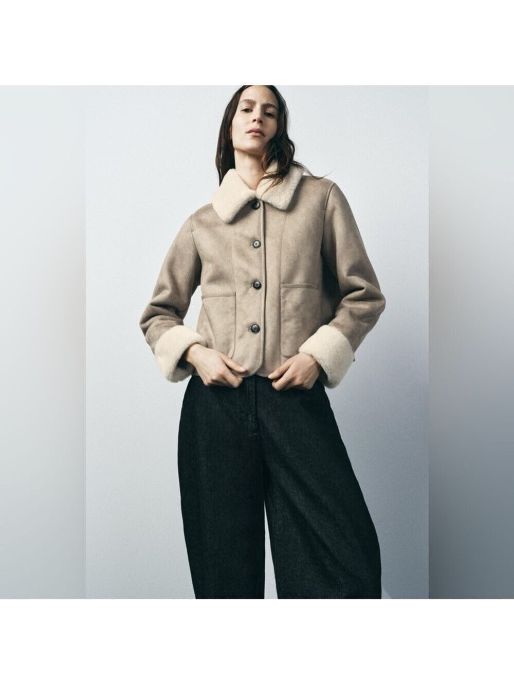 BRAND NEW ZARA ZW COLLECTION DOUBLE FACED FAUX SUEDE SHERPA JACKET TAUPE Large